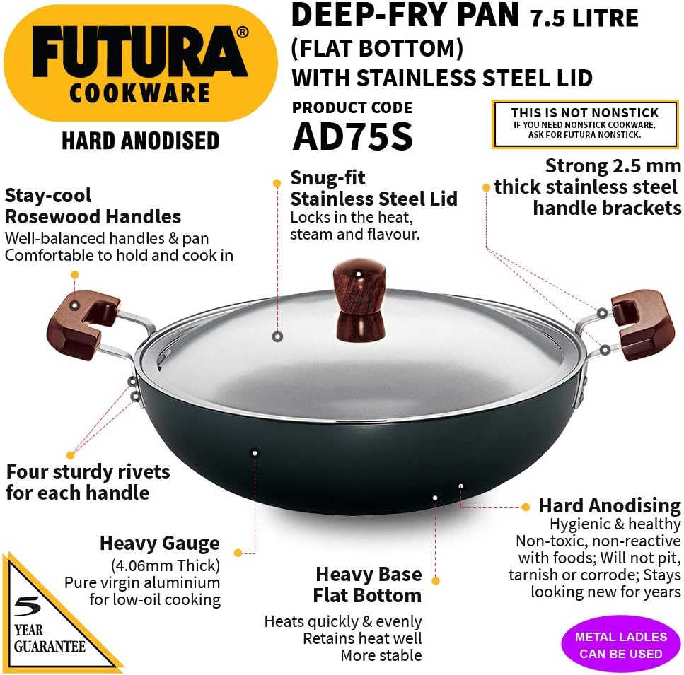 Hawkins Futura 7.5 Litre Deep Fry Pan, Hard Anodised Kadai with Stainless Steel Lid, Flat Bottom Kadhai, Big Kadai, Black (AD75S)