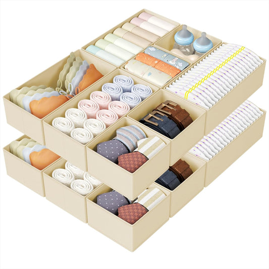 DIMJ Drawer Organizers Clothes, Set of 16 Dresser Organizer Bins, Fabric Closet Organizers and Storage, Shallow Drawer Dividers for Nursery, Clothing, Baby Clothes, Socks, Underwears, Tie (Beige)
