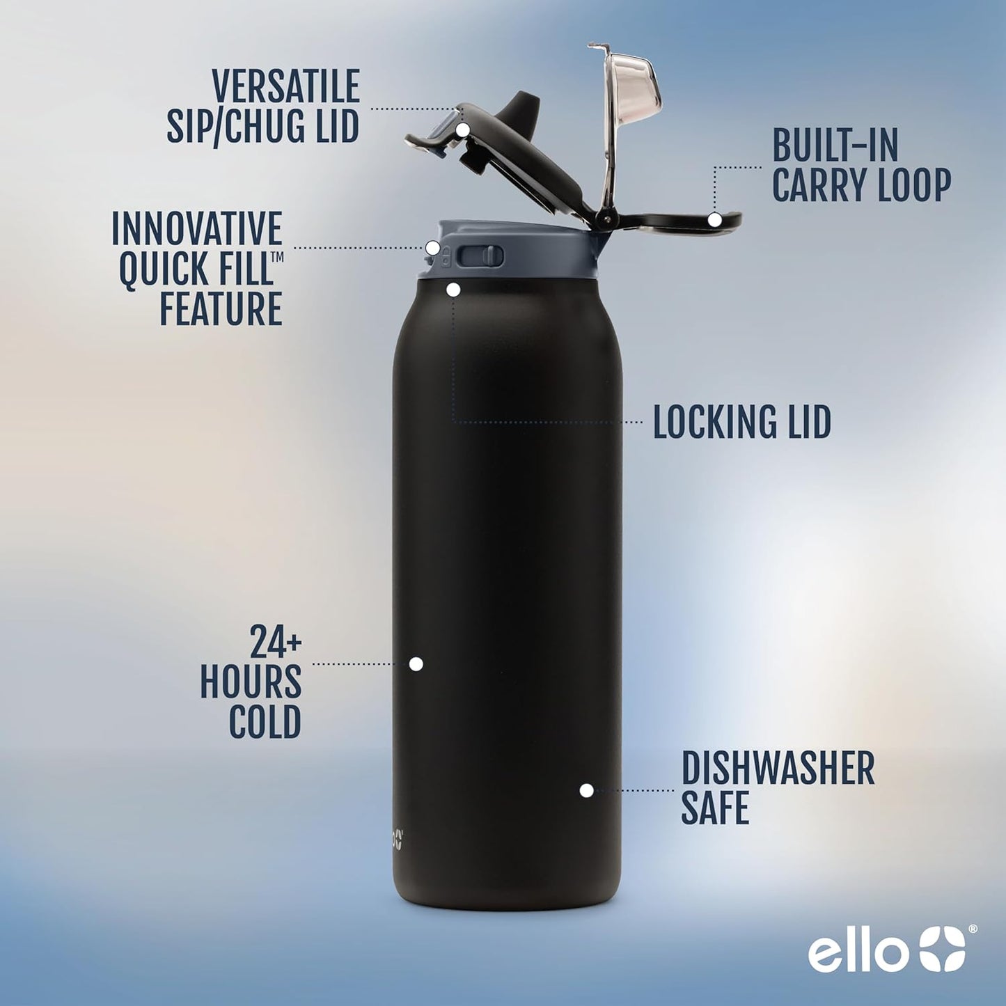 Ello Pop & Fill Stainless Steel Water Bottle with Quick Fill Technology, Double Walled Vacuum Insulated Metal, Leak Proof Locking Lid, Sip & Chug, BPA Free, Holiday Gift for Him Her, 22oz, 32oz, 40oz