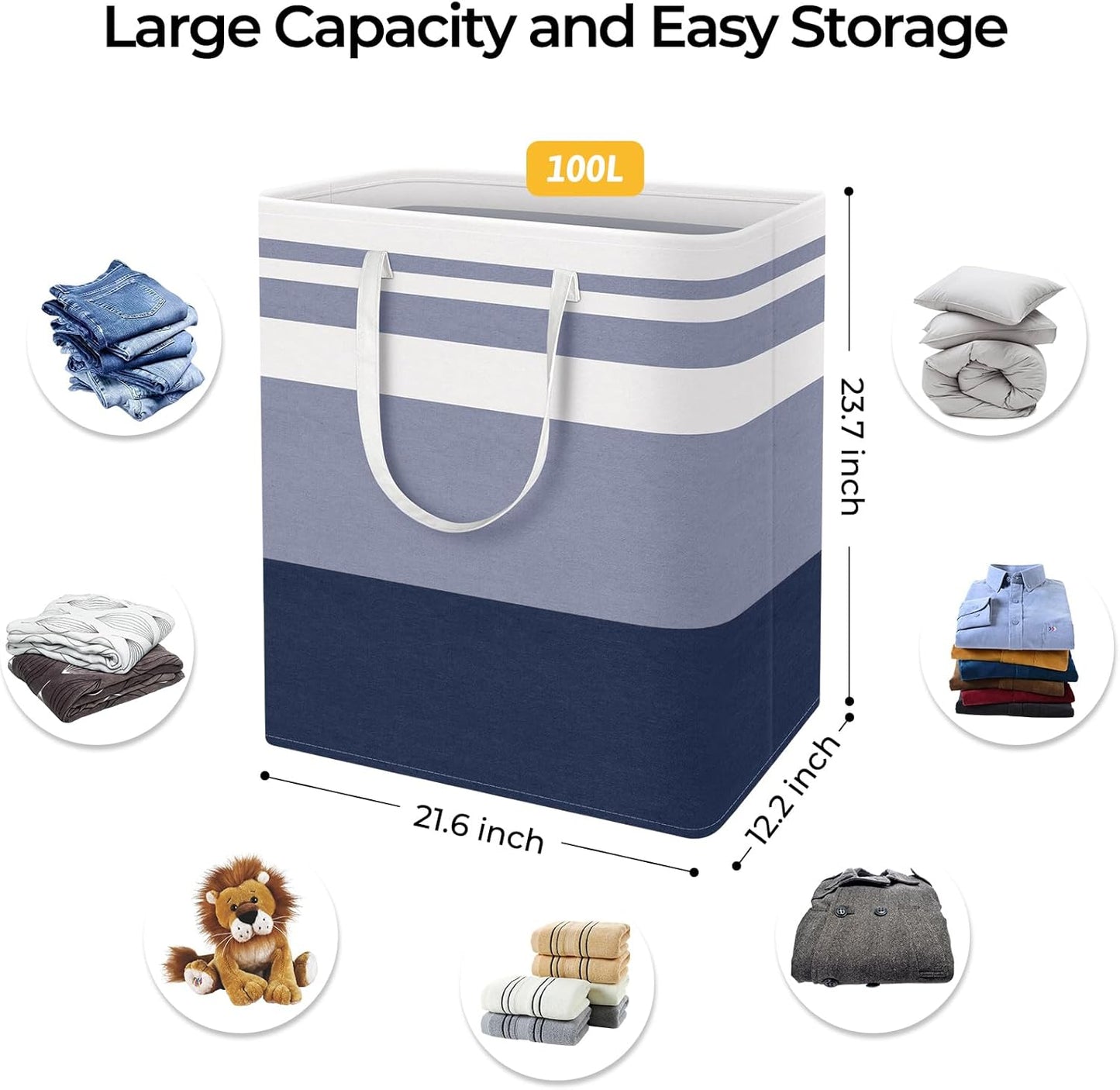 HomeHacks 2-Pack Large Laundry Basket, Waterproof, Freestanding Laundry Hamper, Collapsible Tall Clothes Hamper with Extended Handles for Clothes Toys in the Dorm and Family (Blue, 100L)