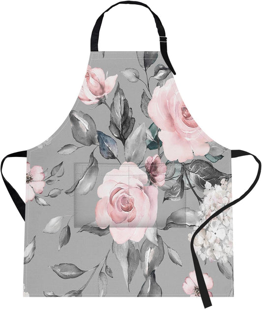 Britimes Spring Flowers Leaves Floral Apron Home Kitchen Cooking Baking Gardening for Women Men with Pockets 32x28 inch