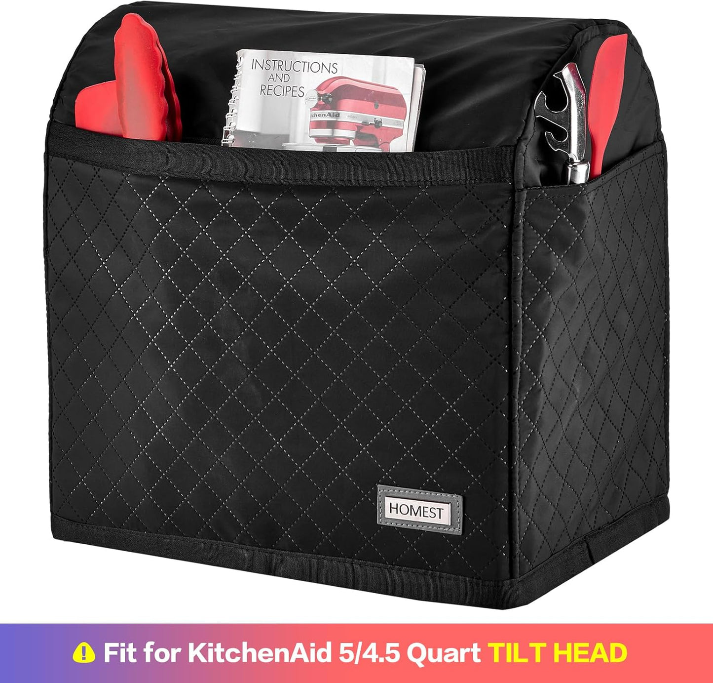 HOMEST Stand Mixer Quilted Dust Cover with Pockets Compatible with KitchenAid 5/4.5 Quart Tilt Head, Black(Patent Design)