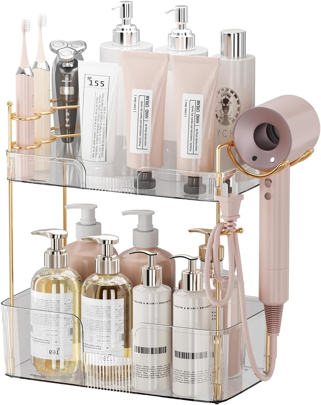 2-Tier Bathroom Counter Organizer with Hair Dryer Holder, Modern Style, Cosmetics & Skincare Shelf Organizer