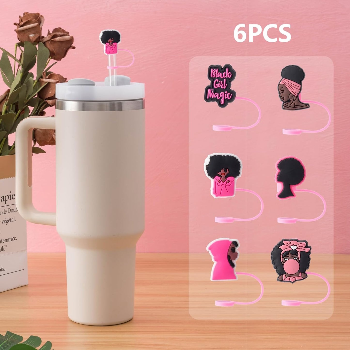 6Pcs Black Girl Straw Cover Cap for Stanley Cup Accessories, 10mm Cute Pink Drinking Straw Topper for 40oz 30oz Stanley Tumbler, Dust-Proof Reusable Straw Tips Gifts for Women