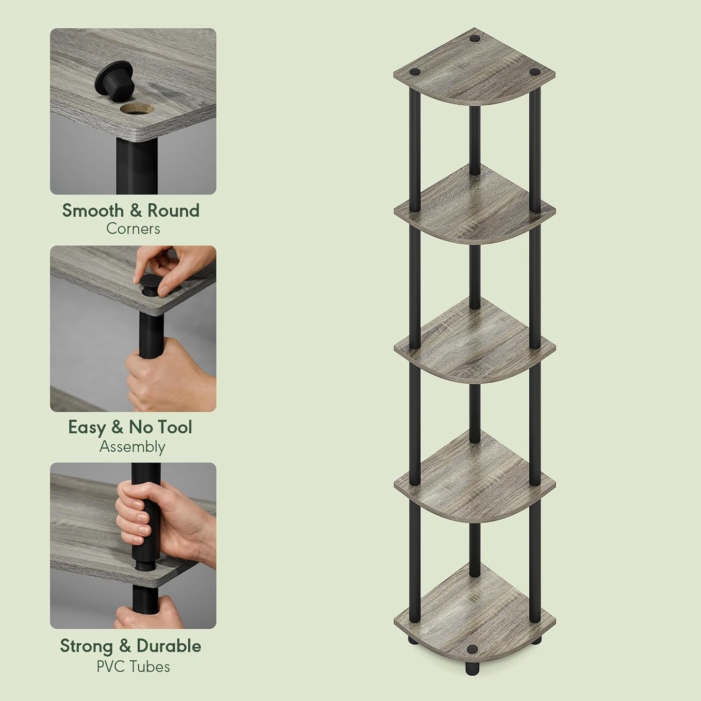 Furinno Turn-N-Tube Corner Shelf, 5-Tier Corner Bookshelf, Open Storage Shelves, for Organization and Storage, Living Room, Home Office, Garage, Bedroom, Grey Oak