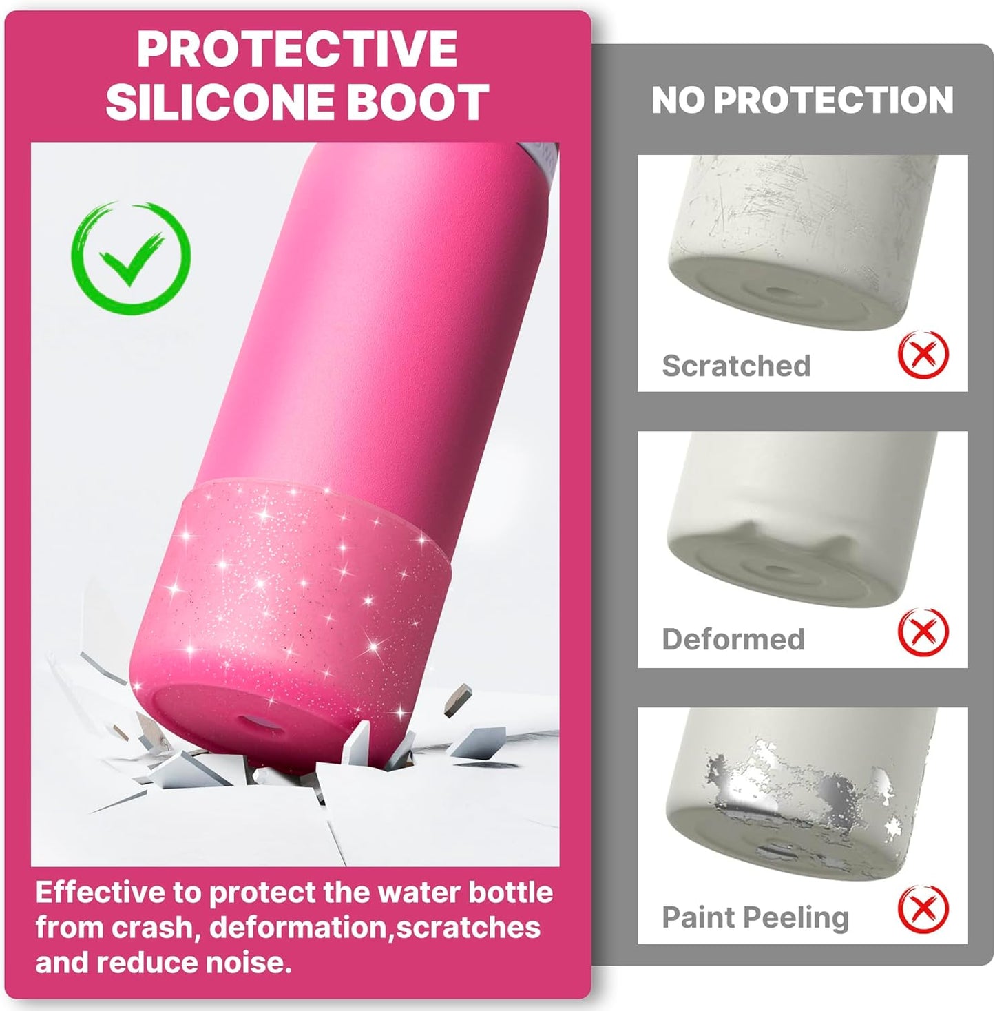 Silicone Water Bottle Boot for Owala 40 oz, Anti-Slip Protective Sleeve for Owala Twist & FreeSip & Flip Stainless Steel Water Bottle, Boot Bottom Base (Glitter Rose Red)