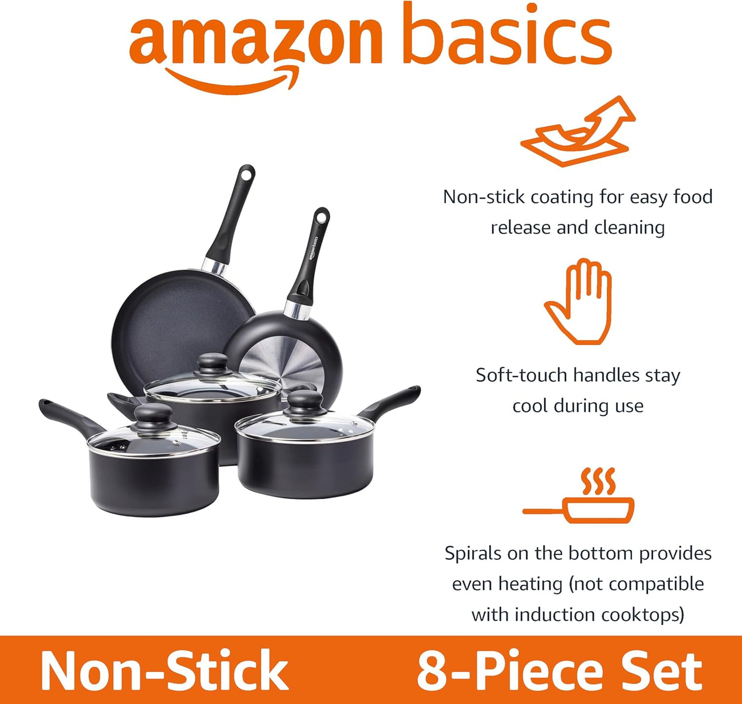 Amazon Basics Non Stick Kitchen Cookware 8-Piece Set, Non-Induction, Includes Pots and Pans, Black