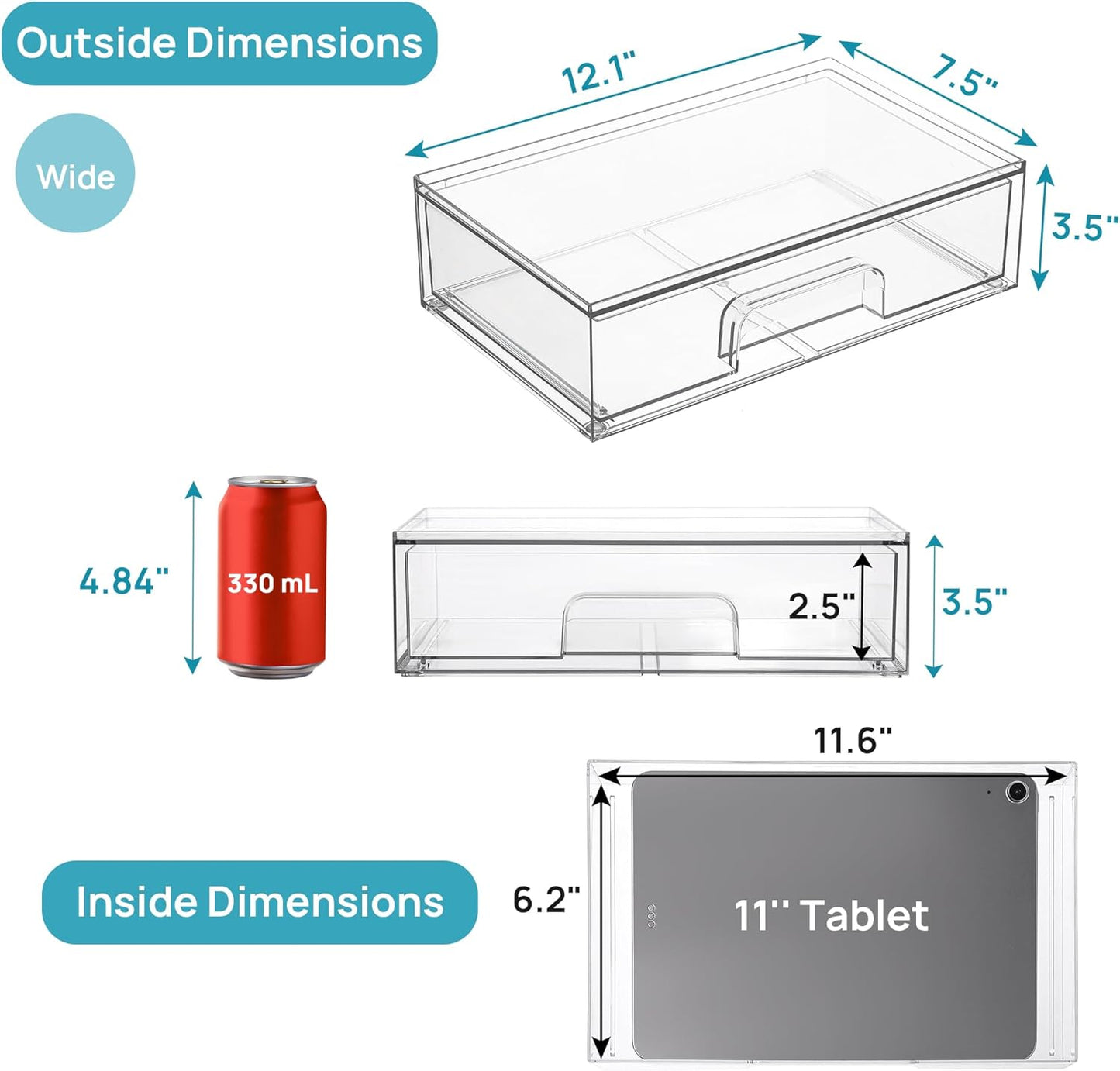 Vtopmart 12.1''W Clear Stackable Storage Drawers,4 Pack Acrylic Plastic Organizers Bins for Makeup Palettes, Cosmetics, and Beauty Supplies,Ideal for Vanity, Bathroom,Cabinet,Desk Organization