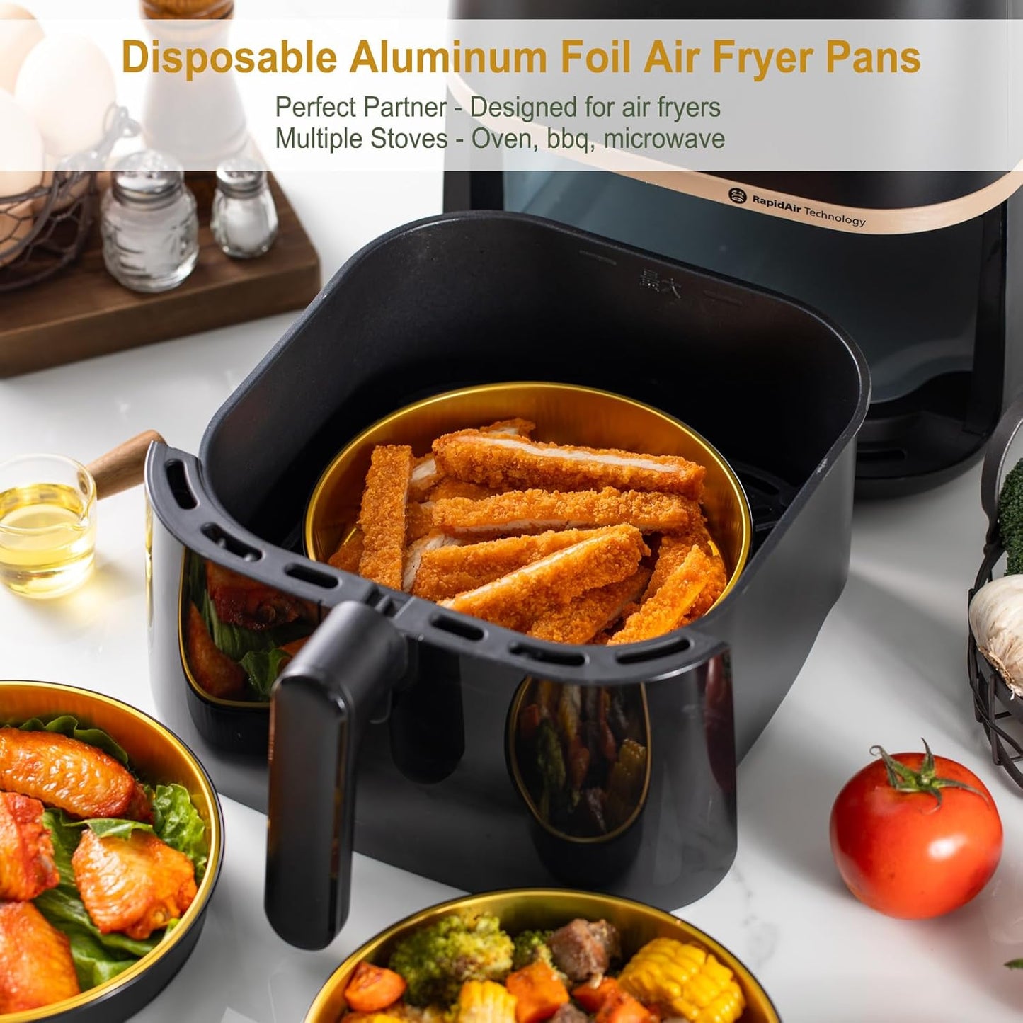 Reusable Aluminum Foil Air Fryer Pans, 20-Pack, 7.1-Inch Diameter, 1.6-Inch Depth, 24.5-Ounce Capacity, Food-Grade, Black & Gold, Thickened for High Temperatures, Dishwasher Safe