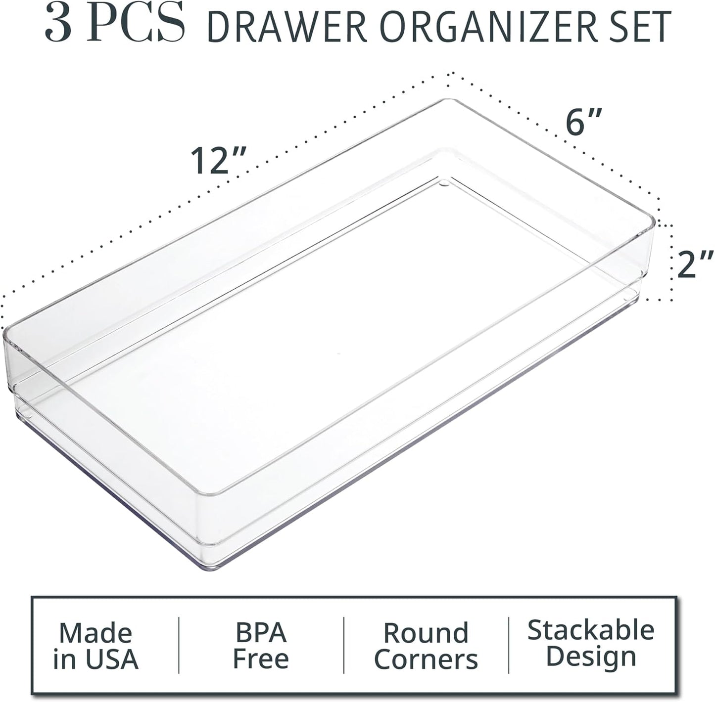 STORi SimpleSort 3-Piece Stackable Clear Drawer Organizer Set | 12" x 6" x 2" Rectangle Trays | Wide Makeup Vanity Storage Bins and Office Desk Drawer Dividers | Made in USA