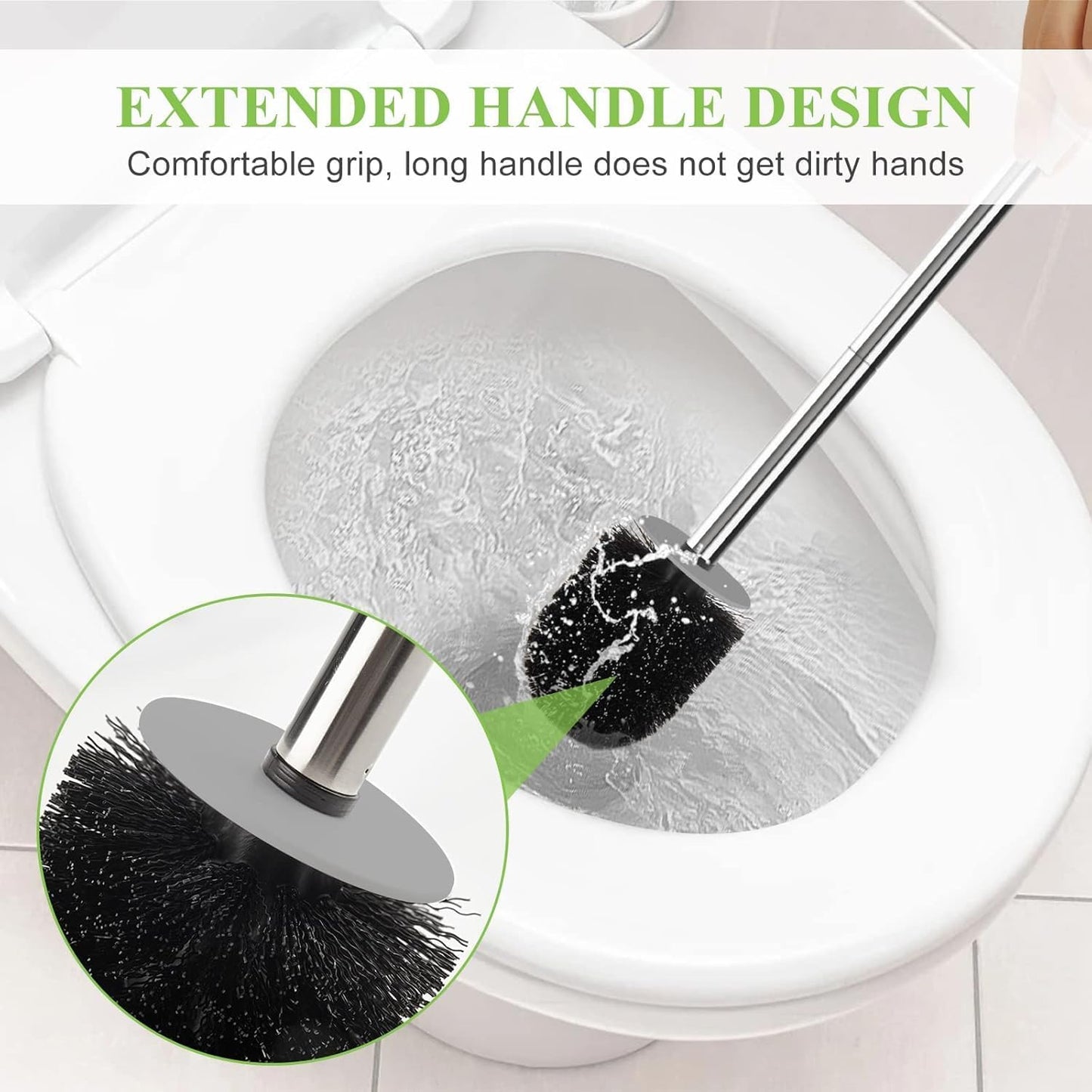 Toilet Brush and Holder Set, 3 Pack with Stainless Steel Handle Toilet Bowl Brush, Compact Toilet Scrubber Brush for Deep Cleaning Bathroom Restroom, Easy to Assemble White & Gray
