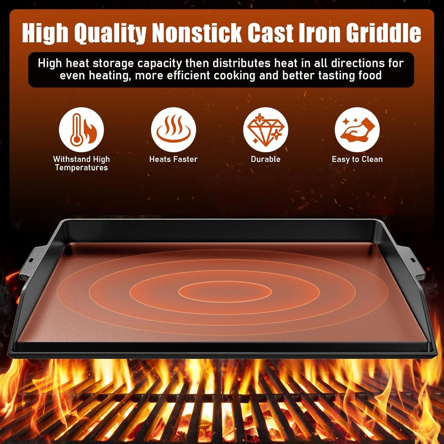 Cast Iron Griddle for Stove Top Griddle for Gas Grill Universal Flat Top for Grill Plate with Extra High Sidewalls for All Gas Grills and 4 Burner Range Oven, 23" x 16" Matte Porcelain Enamel
