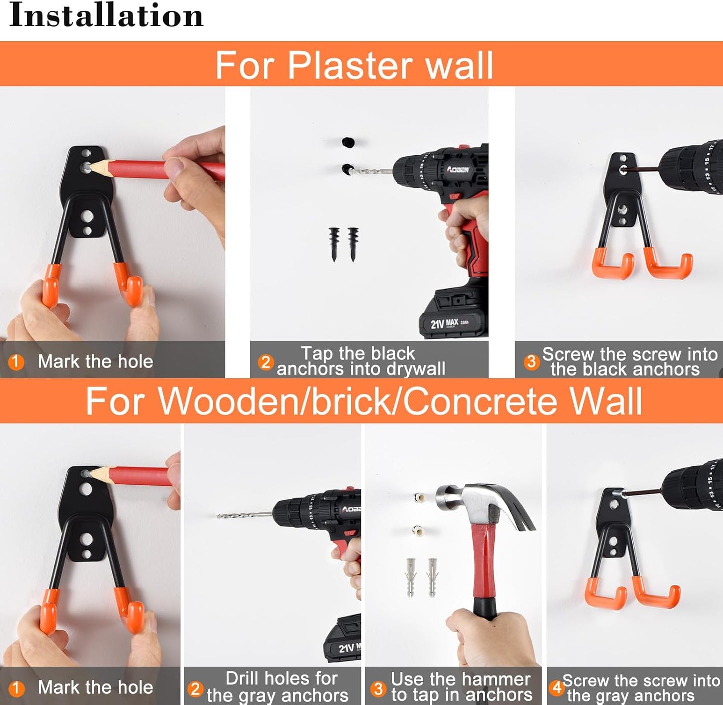 AOBEN Garage Hooks Heavy Duty, Steel Garage Storage Hooks, Utility Tool Hangers and Combinable Wall Mount Garage Hooks for Organizing Ladders, Bikes, Hoses, and More Equipment (Small J, 5 Pack)