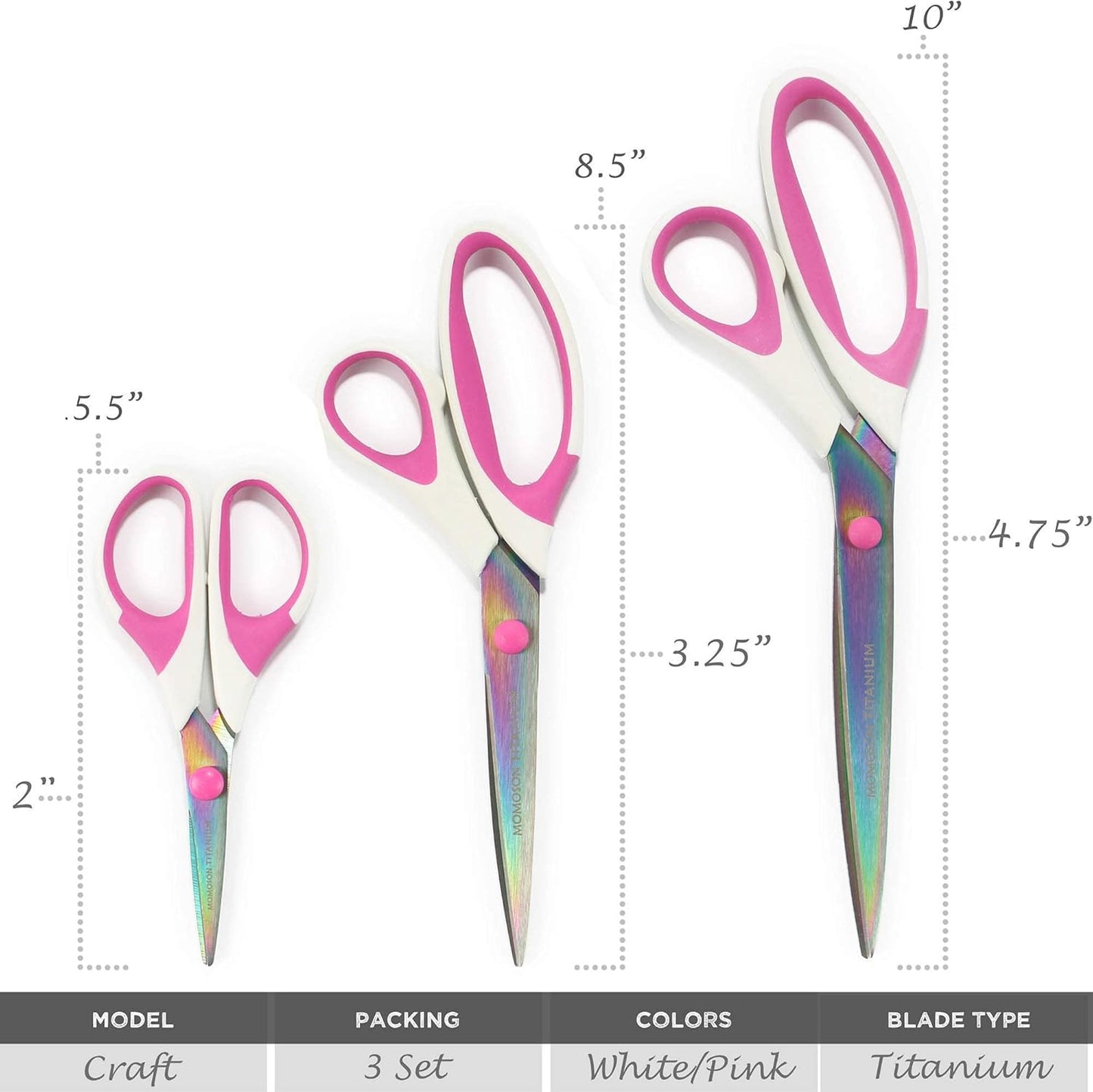 BambooMN Titanium Softgrip Scissors Set for Sewing, Arts, Crafts, Office - 3 Sets of 3 - White w/Pink Inlays