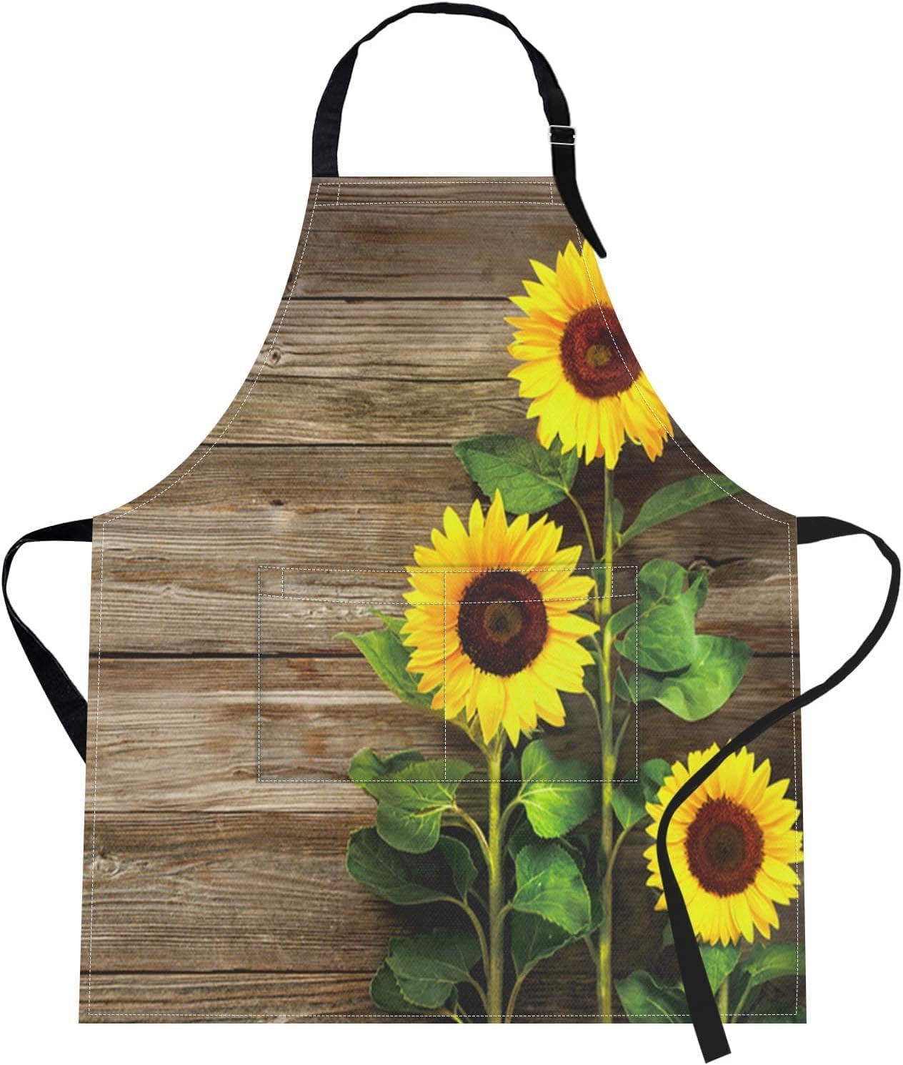 Britimes Apron Home Kitchen Cooking Baking Gardening for Women Men with Pockets Autumn Sunflowers Wooden Board Flower 32x28 inch