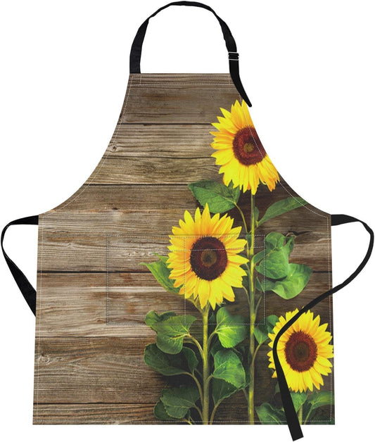 Britimes Apron Home Kitchen Cooking Baking Gardening for Women Men with Pockets Autumn Sunflowers Wooden Board Flower 32x28 inch