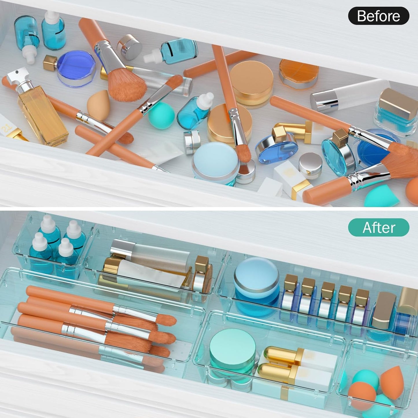 WOWBOX 6 Pack Clear Drawer Organizer Set, Acrylic Drawer Storage Trays, Storage Bins for Makeup, Cosmetics, Jewelries, Utensils, Gadgets, Office, Sea Blue