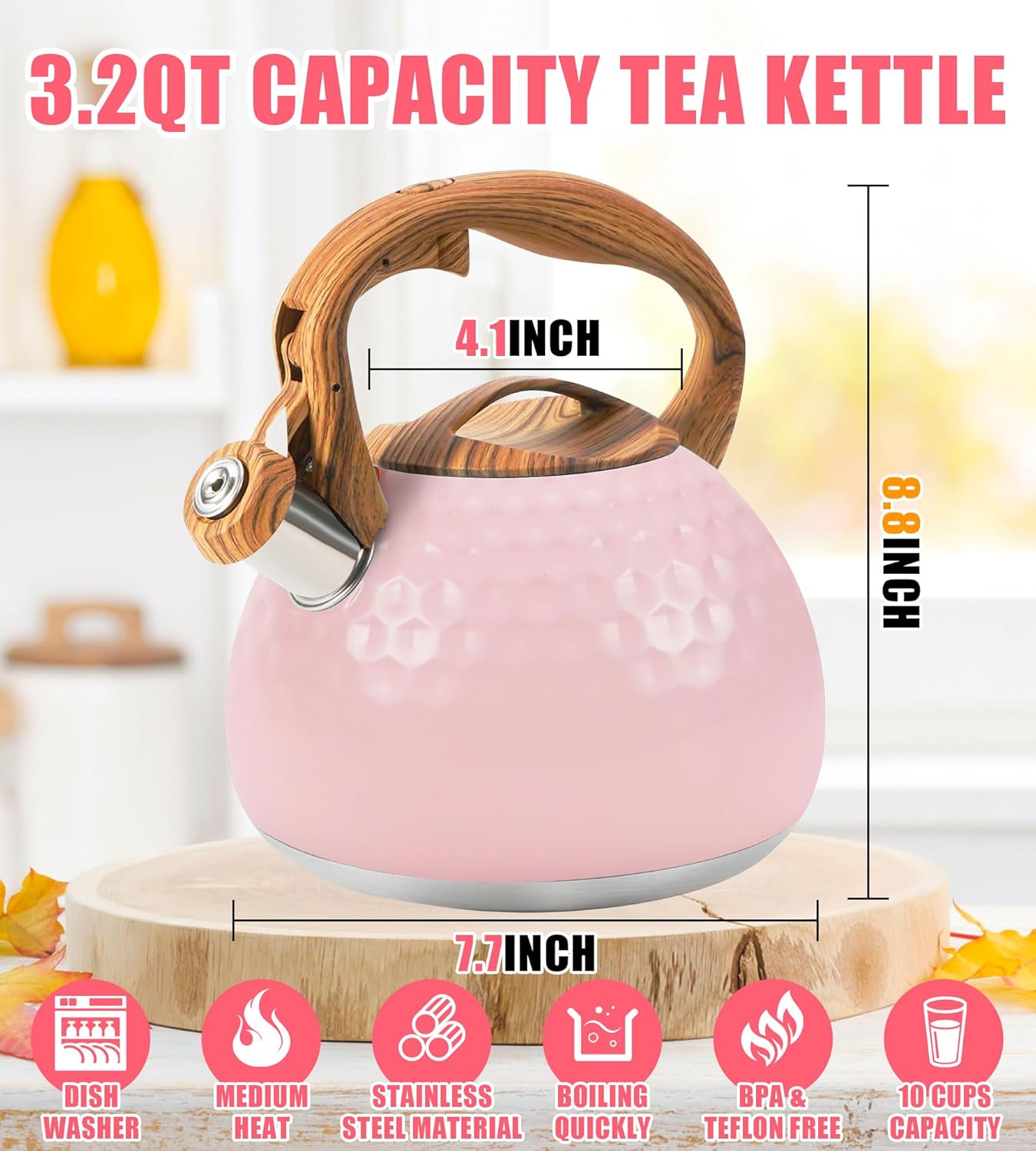 Whistling Tea Kettle,3.2Qt Stainless Steel Stove Kettle, Food Grade Teapot with Wood Pattern Handle for Coffee, Milk etc, Gas Electric Applicable (Pink)