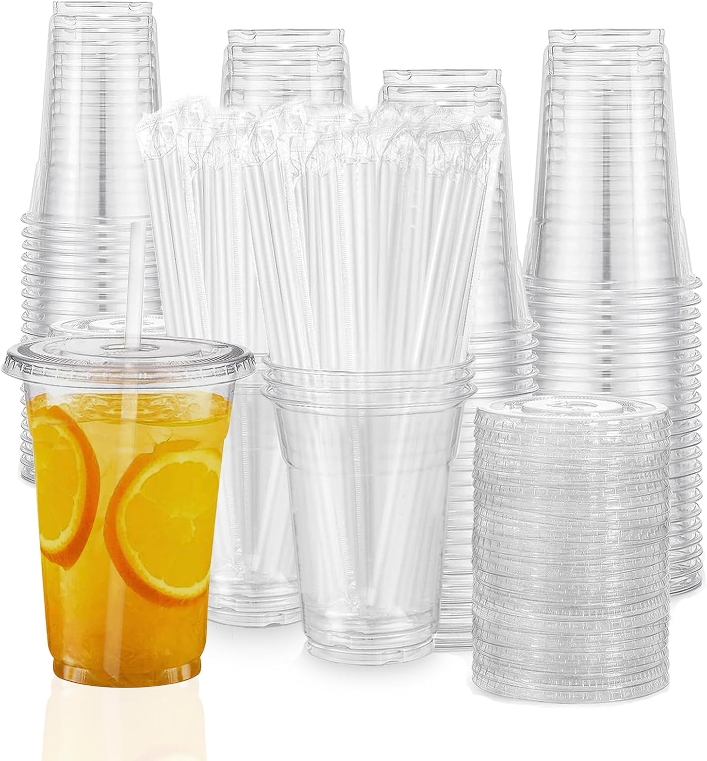TashiBox TahiBox Plastic cups with lids and straws 16 oz 100sets [100 cups & 100 flat lids & 100 straws],clear crystal disposable iced coffee cups with lids