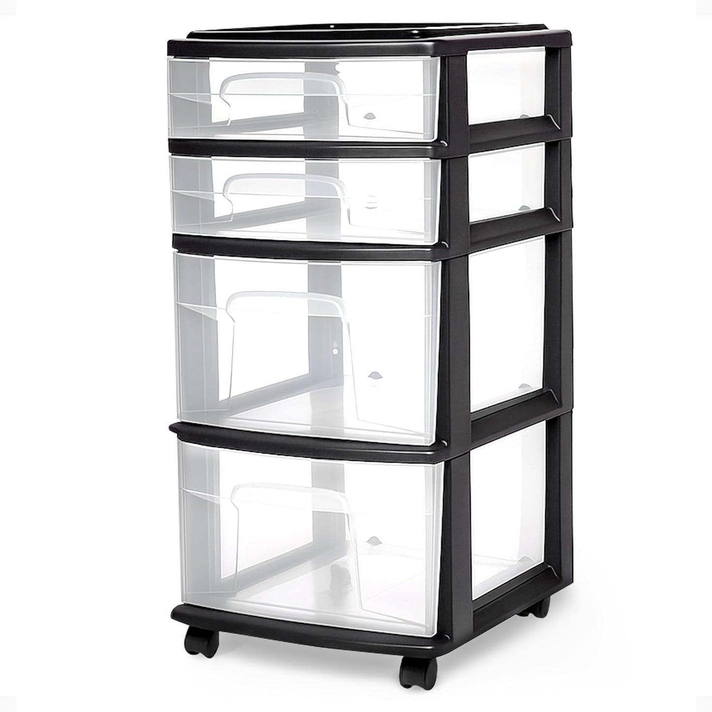 HOMZ Drawer Tower, 4-Tier Clear Plastic Storage Organizer Cart, Black Frame - Multi-Purpose Rolling Drawers with Wheels for Bedroom, Bathroom, and Office Organization
