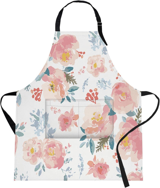 Britimes Apron Home Kitchen Cooking Baking Gardening for Women Men With Pockets Romantic Floral Flower Rose Pink 32x28 inch