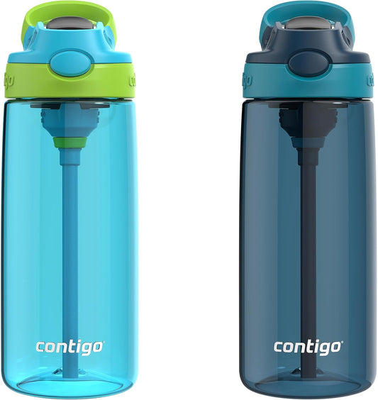 Contigo Kids 20oz 2-Pack Aubrey Water Bottles with Cleanable Silicone Straw Spill-Proof Lid Dishwasher Safe Blue Raspberry/Cool Lime & Blueberry/Juniper BPA-free