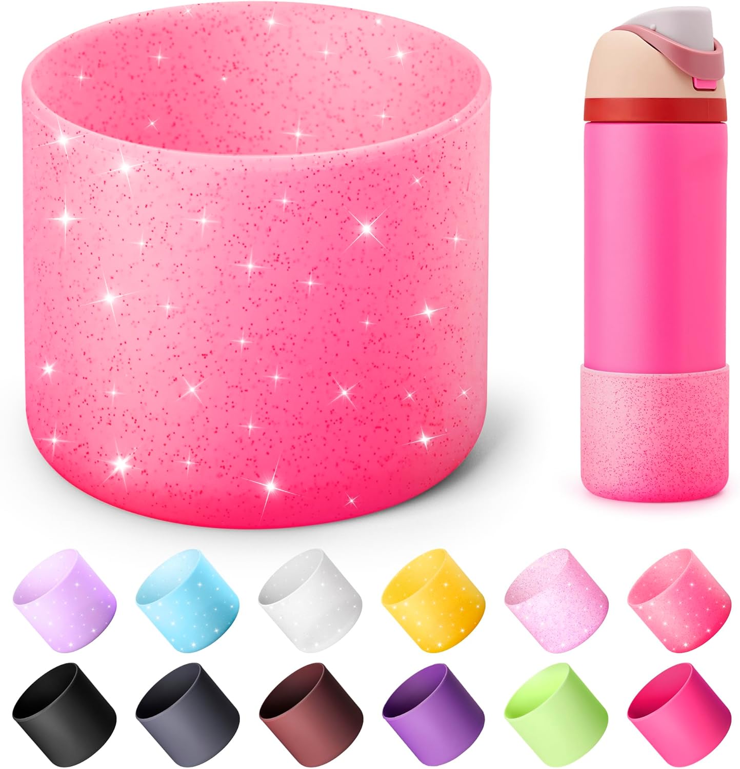 Silicone Boot for Owala 24 oz Water Bottles, Anti-Slip Protective Sleeve Bottom Protector for Owala Twist & FreeSip & Flip Stainless Steel Water Bottle (Glitter Rose Red)