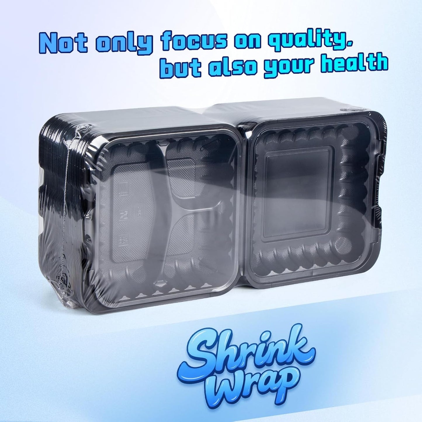 YANGRUI Disposable Containers 7.8" 30 oz 65 Pack - Shrink Wrap BPA Free Mineral Filled PP Plastic Food Container | 3 Compartment Freezer & Microwave Safe | Black Heavy Duty Clamshell Takeout Boxes