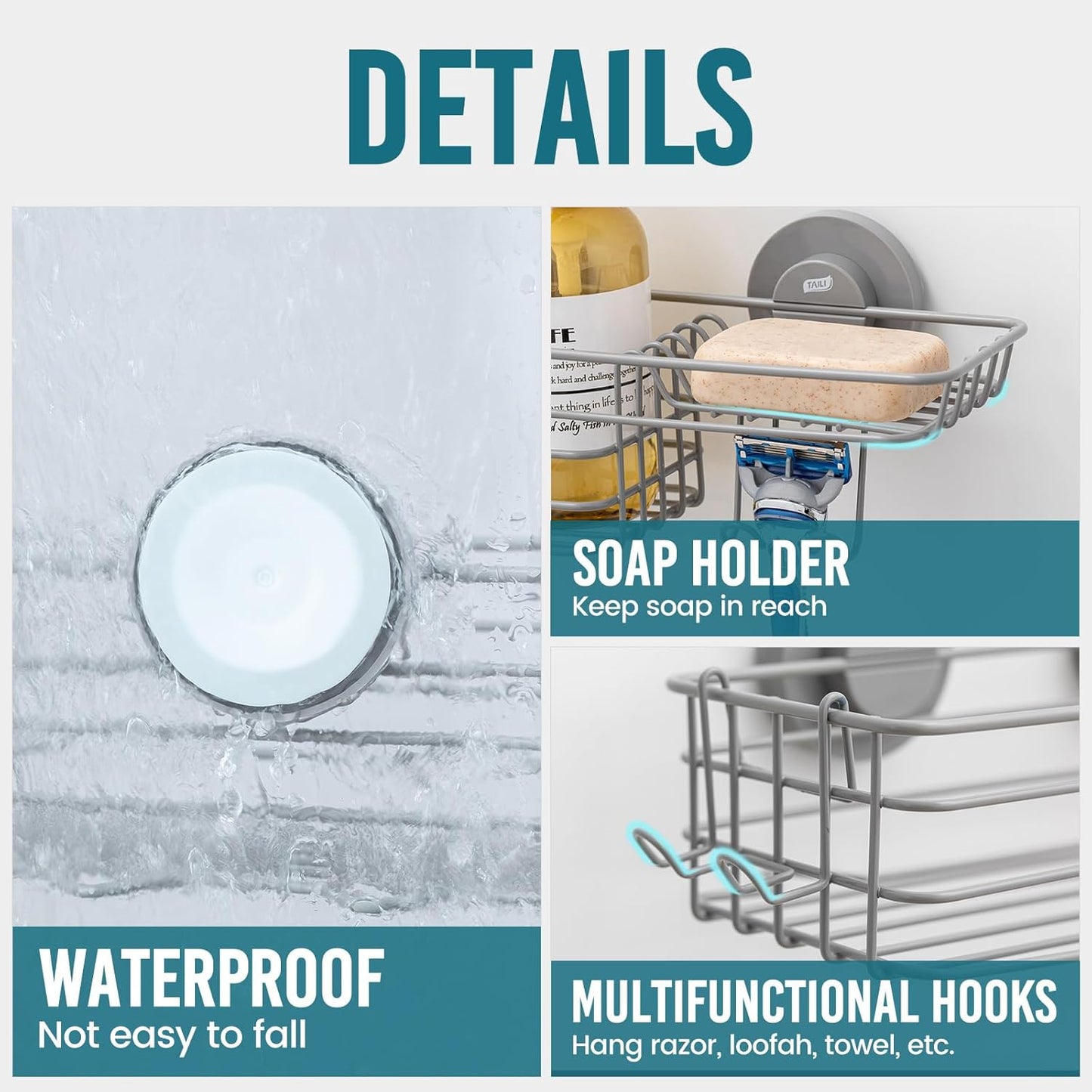 TAILI Shower Caddy Suction Cup 2 Pack with Hooks & Soap holder, Heavy Duty Shower Organizer for Bathroom, No Drilling Bathroom Organizer with Large Capacity, Metal Storage Basket-Grey