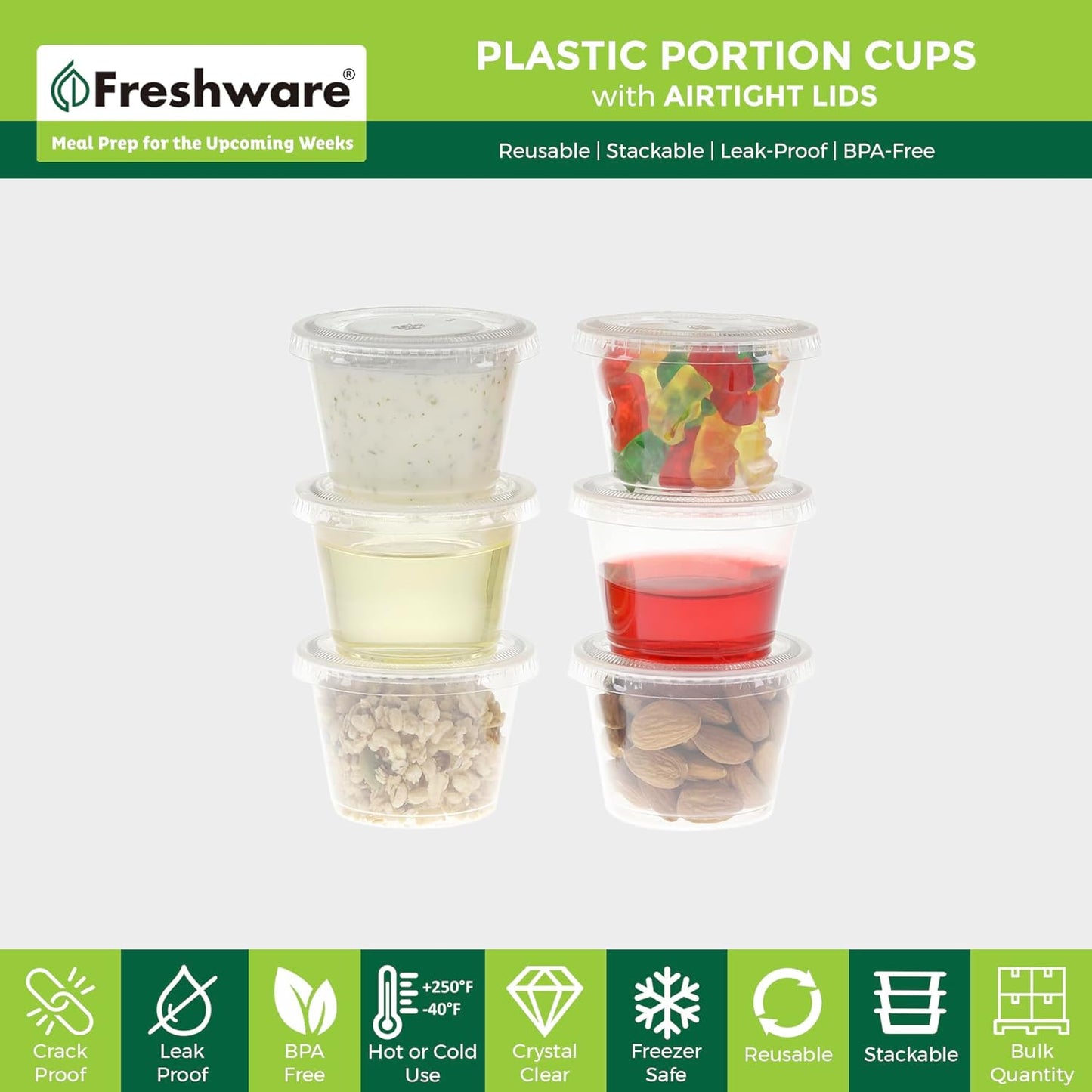 Freshware Plastic Portion Cups with Lids [1 Ounce, 100 Sets] Disposable Plastic Cups for Meal Prep, Salad Dressing, Jellos Shot Cups, Souffle Cups, Condiment and Dipping Sauce Cups