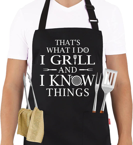 Funny Grilling Aprons for Men - BBQ Cooking Apron with 2 Pockets, Adjustable Neck Strap and 40" Long Ties - That's What I Do I Grill and I Know Things