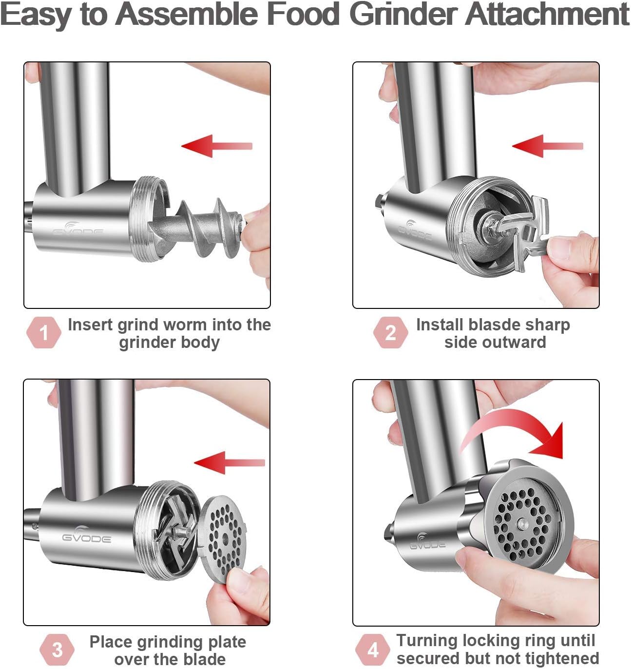 GVODE Stainless Steel Meat Grinder Attachment for KitchenAid Stand Mixer, Meat Grinder for KitchenAid Includes 4 Grinding Plates & 3 Sausage Tubes, Dishwasher-Safe Design with Sausage Stuffer Kit