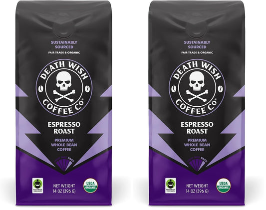 Death Wish Coffee, Whole Bean Espresso Roast - Organic, Fair Trade, Arabica and Robusta Coffee Beans, 14 ounce (Pack of 2)