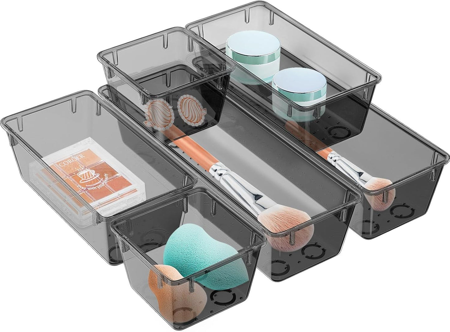 WOWBOX 12 Pack Clear Drawer Organizer Set, Acrylic Drawer Storage Trays, Storage Bins for Makeup, Cosmetics, Jewelries, Utensils, Gadgets, Office, Black