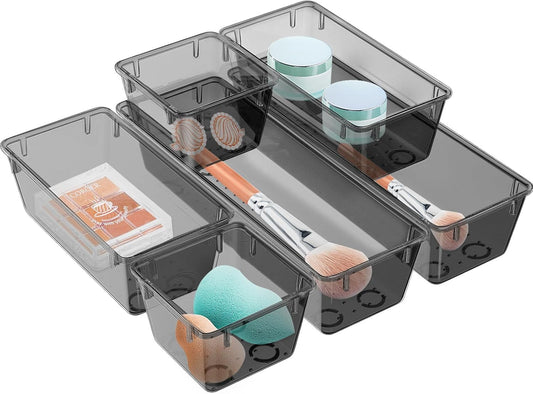 WOWBOX 6 Pack Clear Drawer Organizer Set, Acrylic Drawer Storage Trays, Storage Bins for Makeup, Cosmetics, Jewelries, Utensils, Gadgets, Office, Black