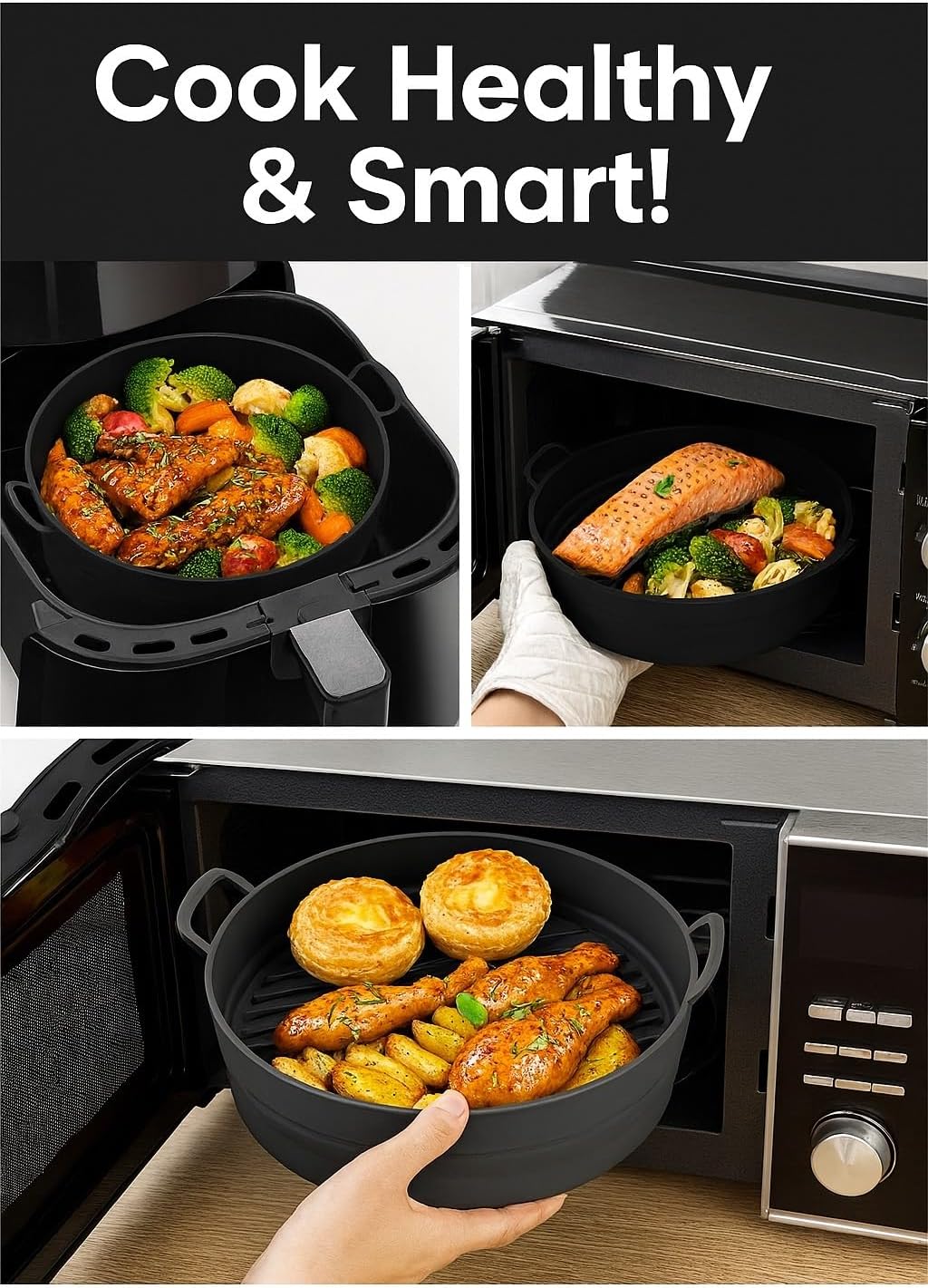 Silicone Air Fryer Liner 8.6" Round for 5–8 QT, No Divider, Reusable Non-Stick Collapsible Pot Liner, Dishwasher Safe, Heat-Resistant 446°F, GRAY, 1 Pack