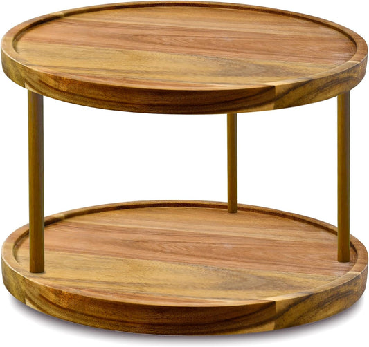 10" Two-Tier Acacia Wood Lazy Susan Organizer Kitchen Turntable for Cabinet Pantry Table Organization