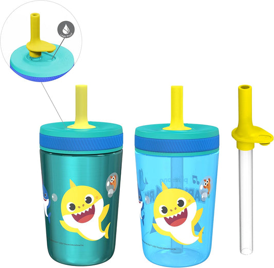 Zak Designs Baby Shark Kelso Tumbler Set, Leak-Proof Screw-On Lid with Straw, Bundle for Kids Includes Plastic and Stainless Steel Cups with Bonus Sipper (3pc Set, Non-BPA)