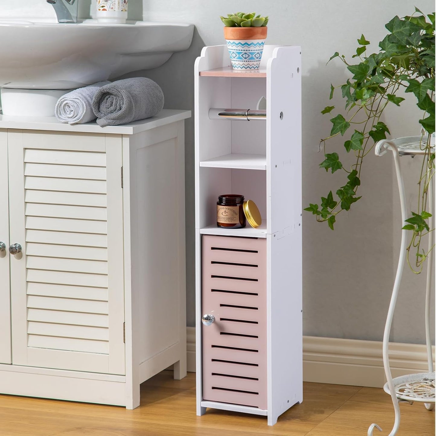 AOJEZOR Toilet Paper Holder Stand: Small Bathroom Storage Cabinet - Pinkish Rose - White