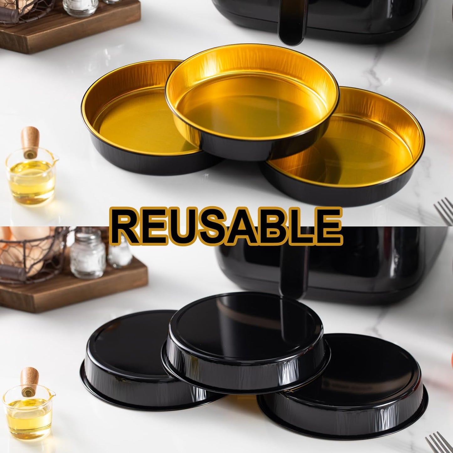 Reusable Aluminum Foil Air Fryer Pans, 20-Pack, 7.1-Inch Diameter, 1.6-Inch Depth, 24.5-Ounce Capacity, Food-Grade, Black & Gold, Thickened for High Temperatures, Dishwasher Safe