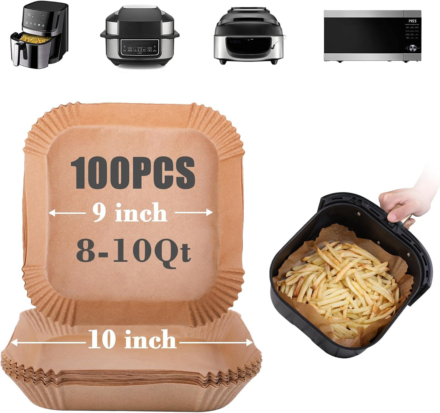 GOAUS Air Fryer 100 Pcs Square Paper Liners Disposable Extra Large for 8 Qt or Above Basket, 9 inch Unbleached Non-stick Parchment Paper