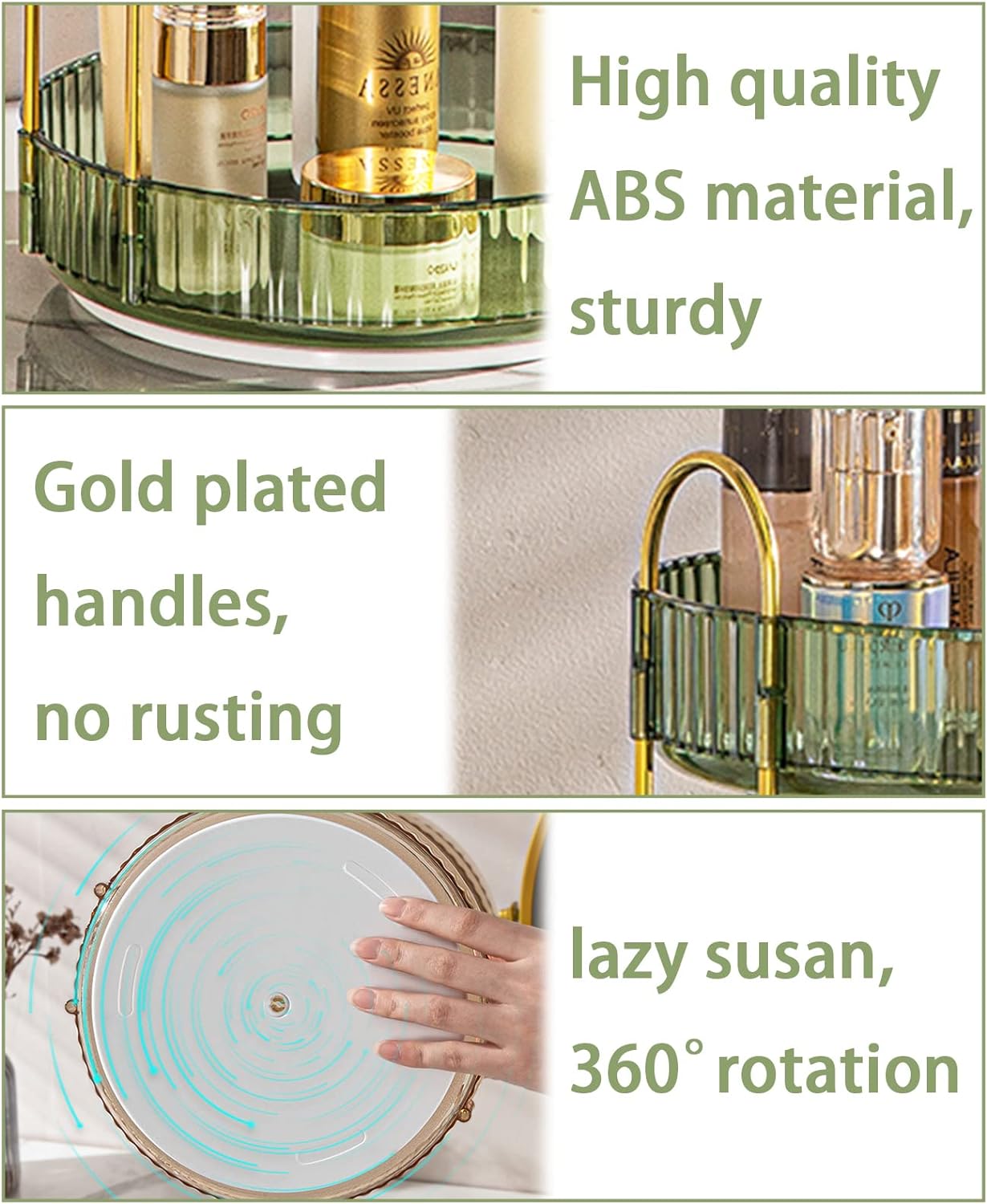 Rotating Makeup Organizer for Vanity, High-Capacity Skincare Make Up Storage Perfume Organizers Cosmetic Dresser Organizer Countertop 360 Spinning (Green, 3 Tier)