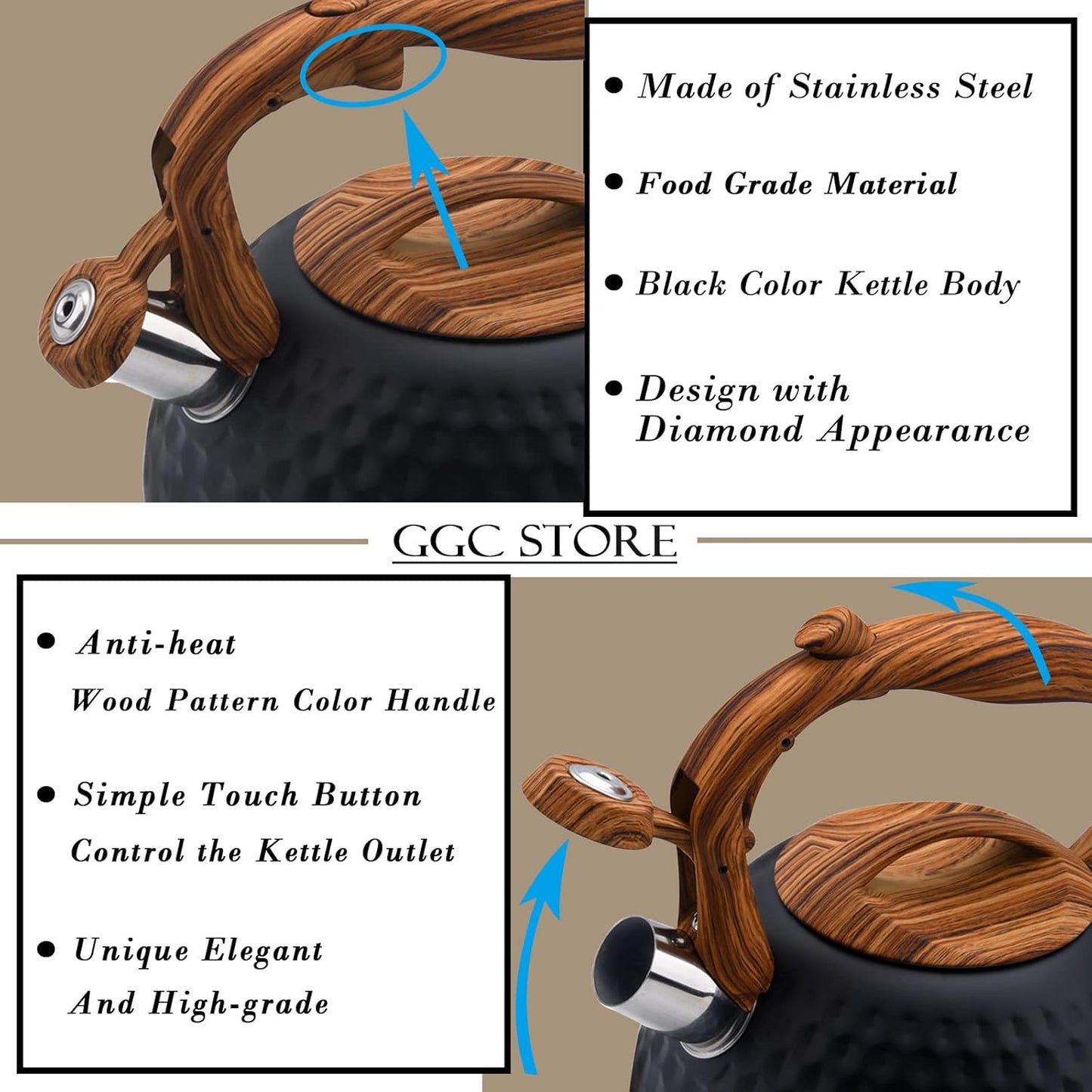 GGC Tea Kettle for Stove Top, Loud Whistling Kettle for Boiling Water Coffee or Milk, 3.1 Quart 3L Heavy Stainless Steel Black Kettle with Wood Pattern Handle, Unique Button Control Kettle Outlet