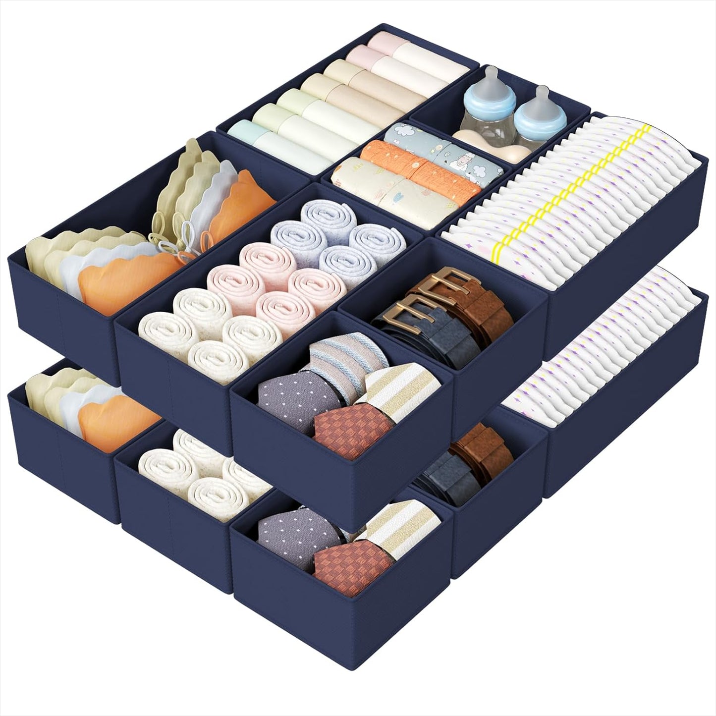 DIMJ Drawer Organizers Clothes, Set of 16 Dresser Organizer Bins, Fabric Closet Organizers and Storage, Shallow Drawer Dividers for Nursery, Clothing, Baby Clothes, Socks, Underwears, Tie (Navy Blue)