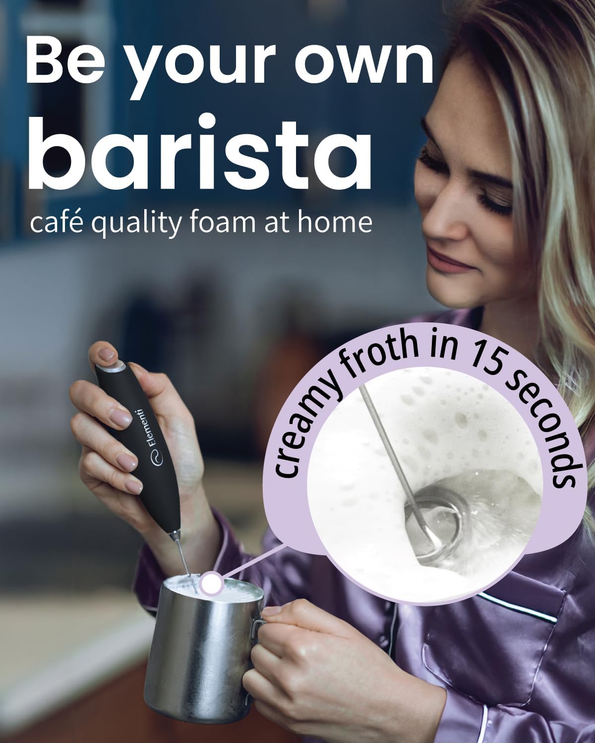 Elementi Milk Frother Wand & Drink Mixer - High Powered Hand Blender, Handheld Coffee Mixer Wand with Stand - Milk Foamer to Make Perfect Cappuccino Lattes & Hot Chocolate at Home (Purple)