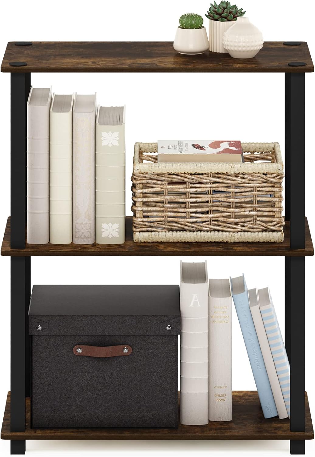 Furinno TURN-S-TUBE Storage Shelves, 3-Tier Book Shelf, Corner Shelf, Toolless Open Shelves, for Organization and Storage, Living Room, Garage, Home Office, Amber Pine