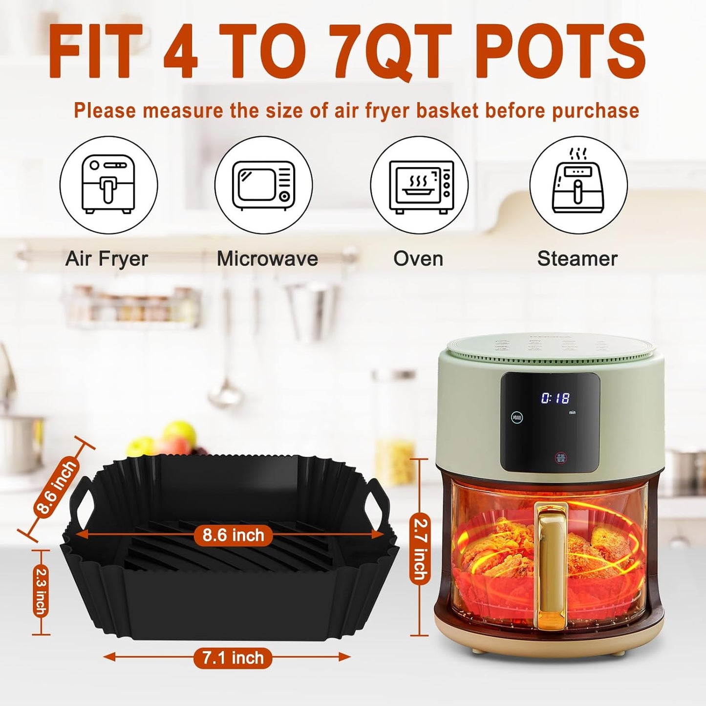 2 Pack Silicone Air Fryer Liners Reusable, 7.1 Inch Airfryer Liners 4-7 QT Square Air Fryer Liners Silicone Pot Oven Liner Baking Tray, Air Fryer Basket Mat Silicone Bowl Air Fryer Accessories