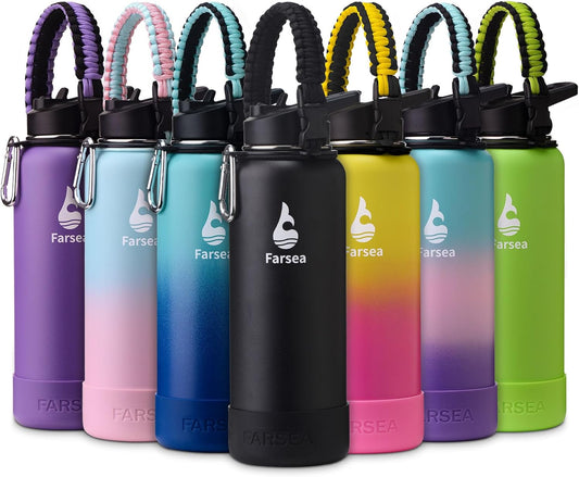 Farsea Insulated Water Bottle With Paracord Handle, Protective Boot and 2 Lids (Straw Lid & Spout Lid), Stainless Steel Water Bottle Wide Mouth, Double Wall Sweat-Proof BPA-Free, 40 oz