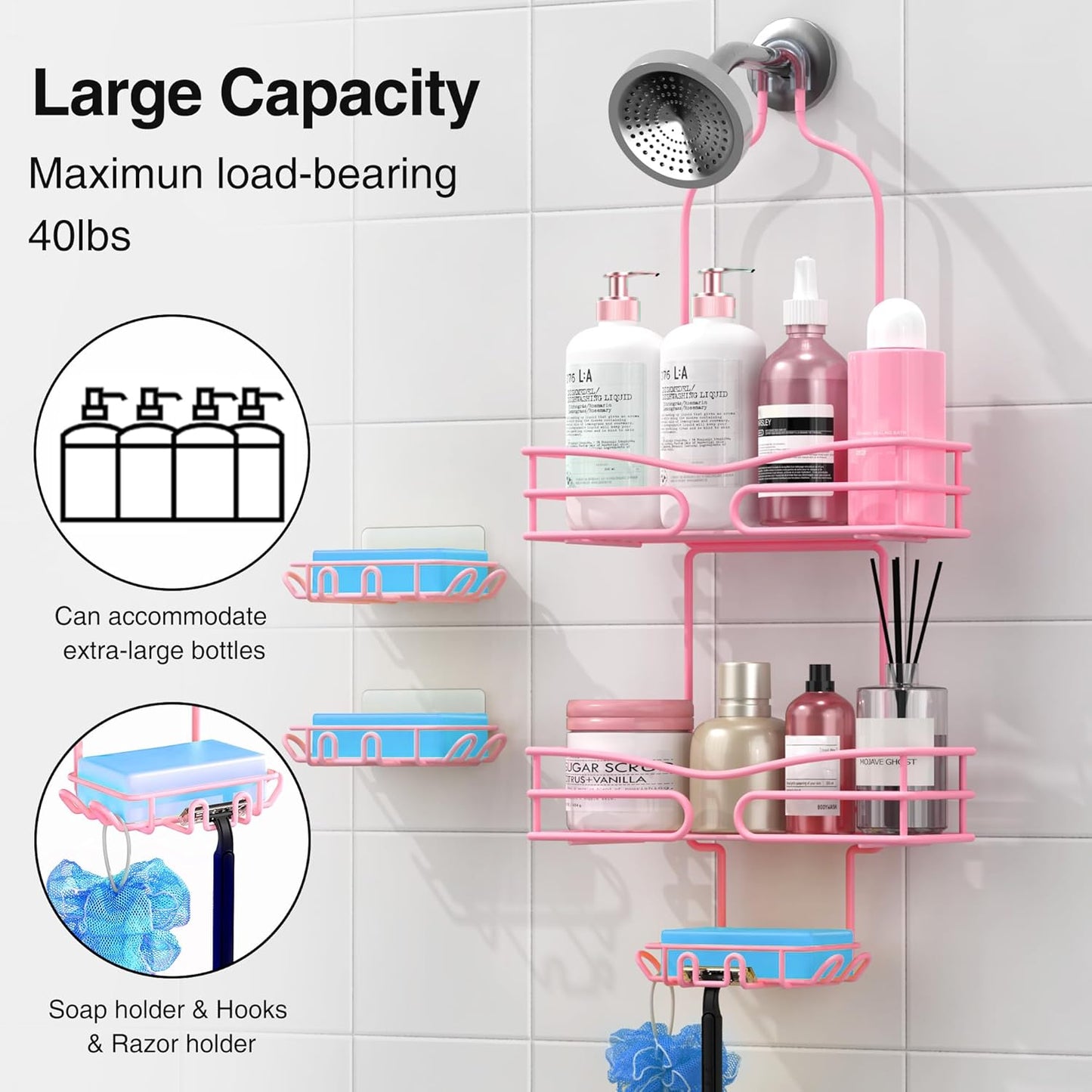 Over the Shower Head Caddy Pink - Shower Caddy Hanging with 3 Soap Holders, Stainless Steel Bathroom Organizer and Storage, Rustproof