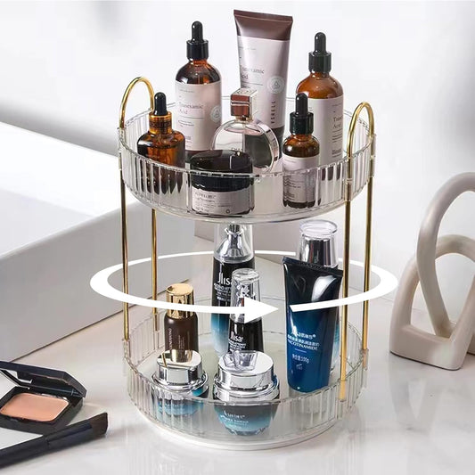 Rotating Makeup Organizer for Vanity, High-Capacity Skincare Clear Make Up Storage Perfume Organizers Cosmetic Dresser Organizer Countertop 360 Spinning (Clear, 2 Tier)